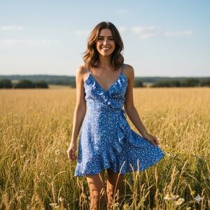 Blue Floral Mini Wrap Dress Lightweight Ruffles Cute Cottage Core